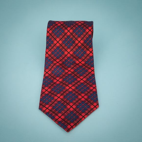 Burberrys Designer Silk Red Blue Plaid Print 4 Inches Classic Tie Necktie - Picture 1 of 5